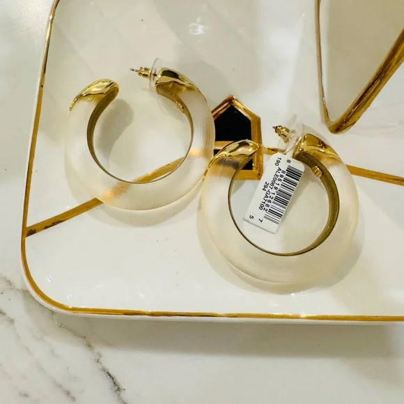 Alexis Bittar Luminous Lucite Gold dipped and White Hoop Earrings 14ktGP- 🌸 - Picture 1 of 4